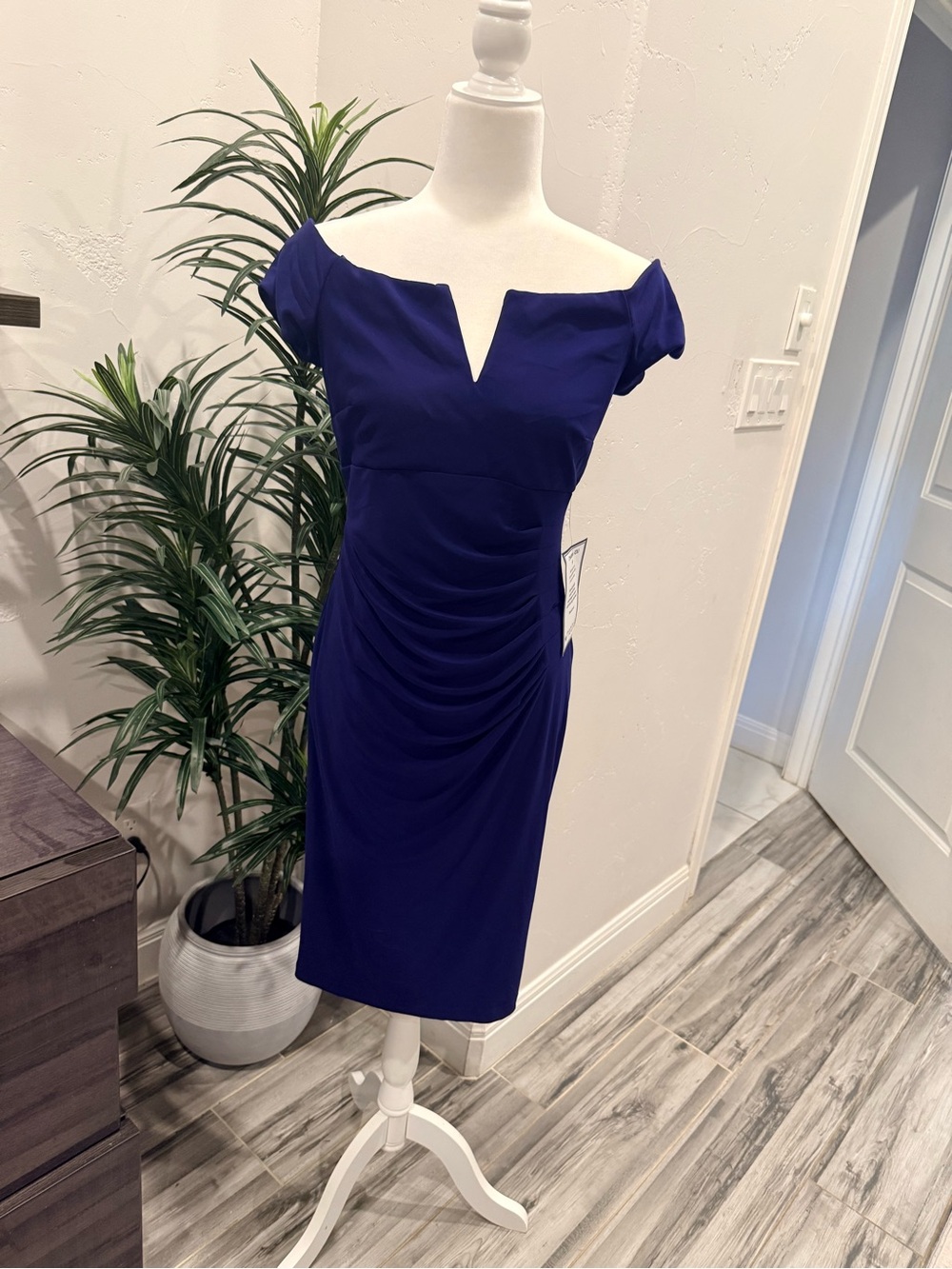 XSCAPE Elegant Off-Shoulder Ruched Sheath Dress, Royal Blue NWT